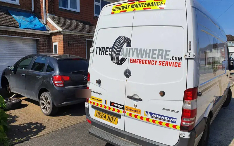 Our van outside a customer's home during a tyre fitting