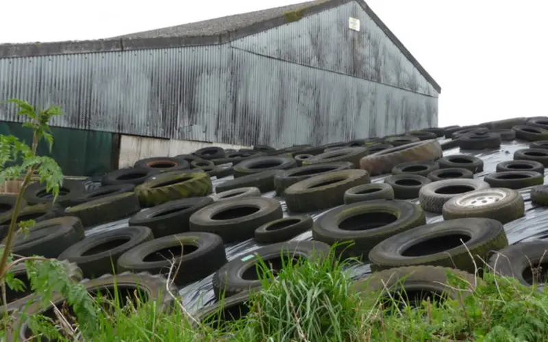 Old tyres weighing down silage sheeting outside a farm barn