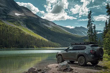 Off-road car by a river bank